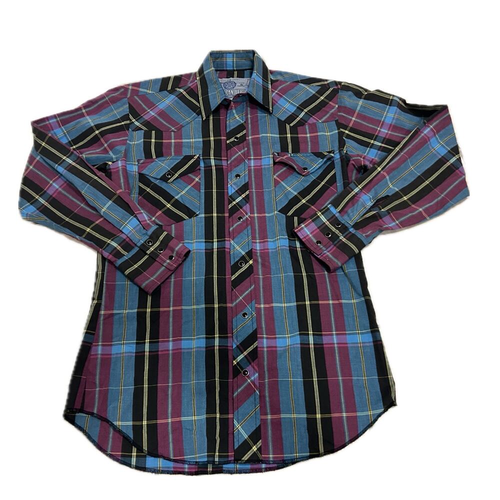 Vintage Western Wear Blue Purple Plaid Snap Button Down Shirt / Mens Small